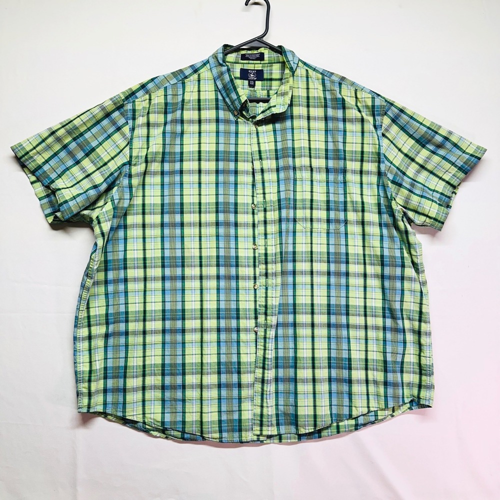 Hunt Club Mens XXL Short Sleeve Plaid Button Down Shirt Green‎ Blue 100% Cotton